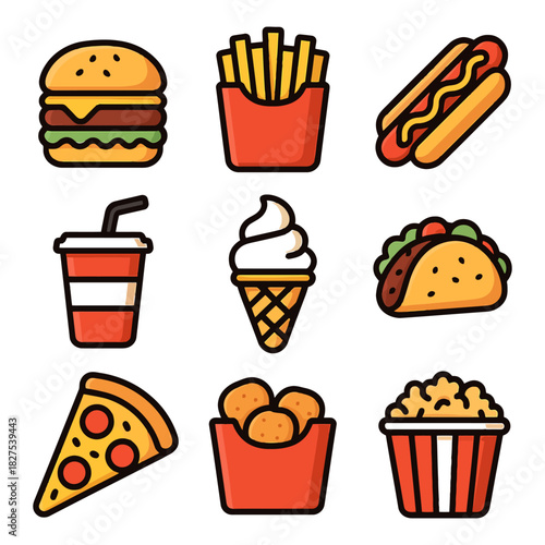 Colorful fast food icons: burger, fries, hot dog, drink, ice cream, taco, pizza, nuggets, popcorn.
