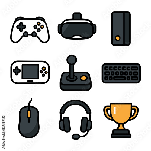 Gaming equipment icons: controllers, vr, console, keyboard, trophy.