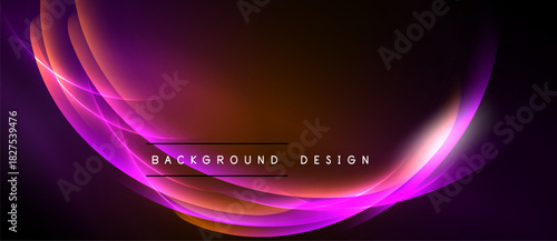 Abstract design features flowing curves, vibrant purple, orange hues. Text reads background design centered within glowing shapes. Dark background dominates image.