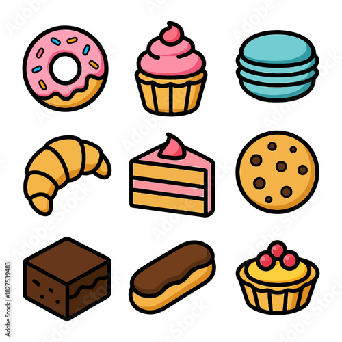 Colorful dessert icons: donut, cupcake, macarons, croissant, cake, cookie, brownie, eclair, tart.