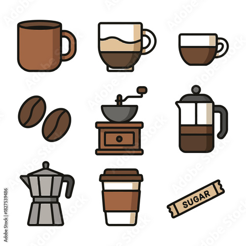 Coffee essentials: cups, grinder, beans, french press, moka pot, sugar pack.