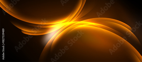 Abstract orange shapes overlap, creating luminous effect. Dark background emphasizes bright central glow, smooth curves dominate composition.