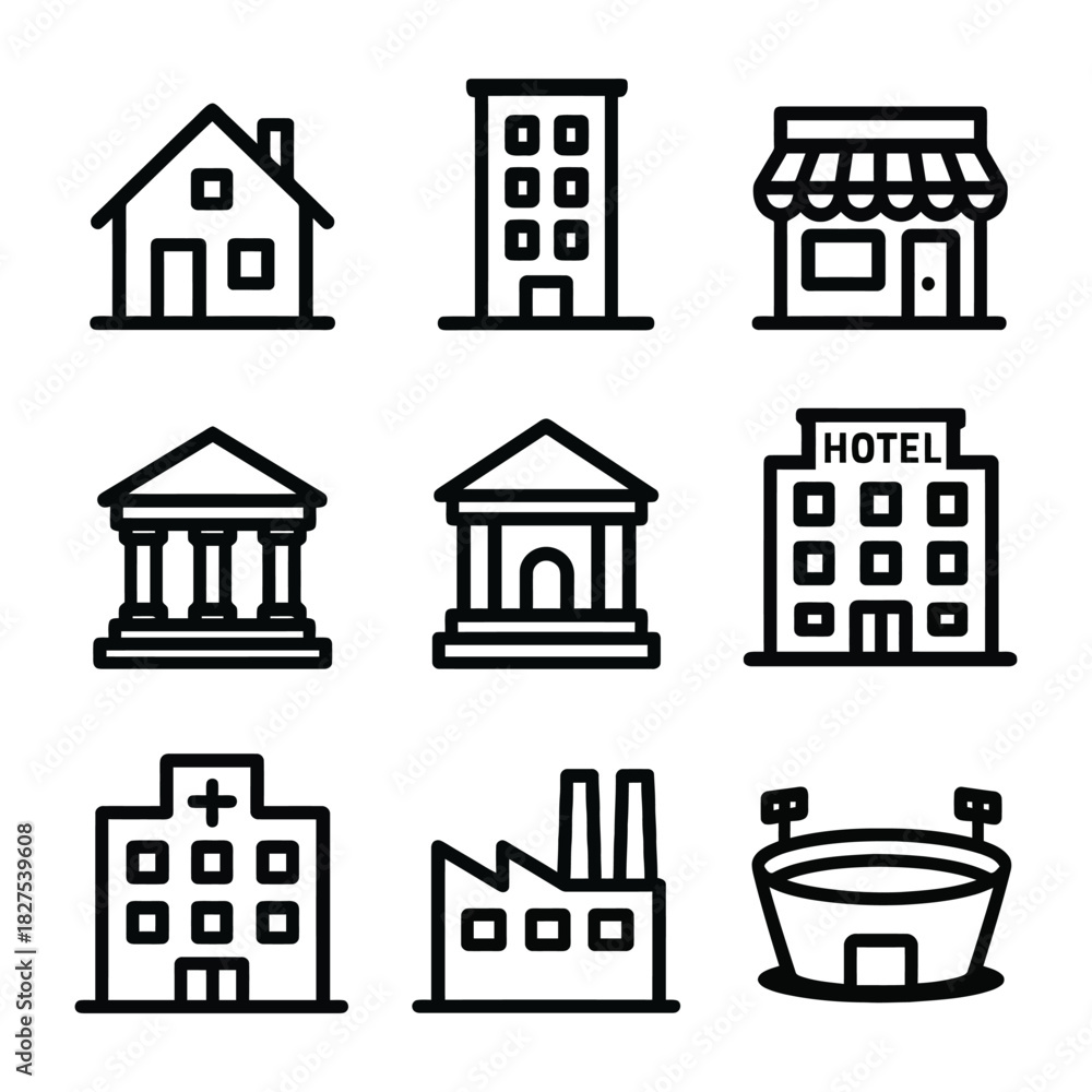 Fototapeta premium Collection of iconic black and white building symbols including hotel, bank, and hospital.