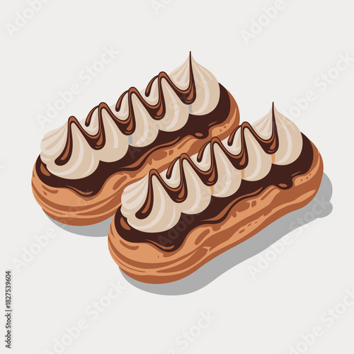 Two decadent chocolate eclairs topped with luscious cream rest elegantly, inviting indulgence and pleasure for any dessert lover or sweet enthusiast.