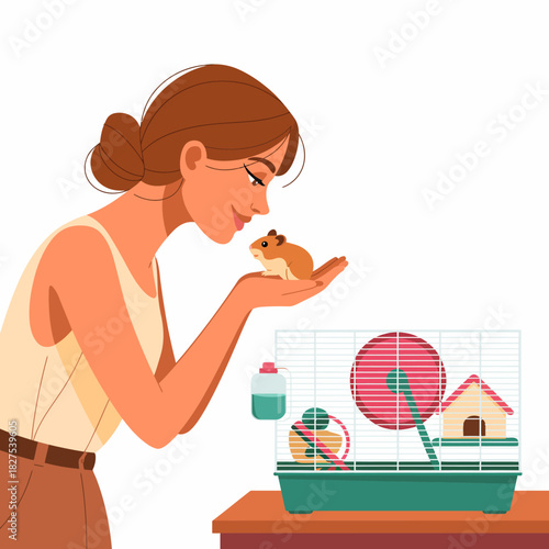 A young woman interacts joyfully with her pet hamster, emphasizing the nurturing relationship between humans and small animals in a domestic setting.