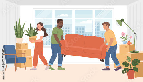 Three friends collaborate to move a couch into a bright, open room filled with plants and boxes, symbolizing teamwork and the excitement of creating a new home environment together.