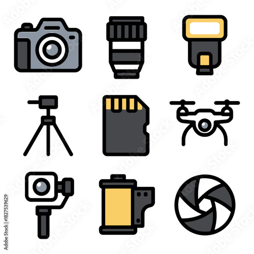 Camera gear and accessories icons: lens, tripod, flash, drone, sd card, shutter.