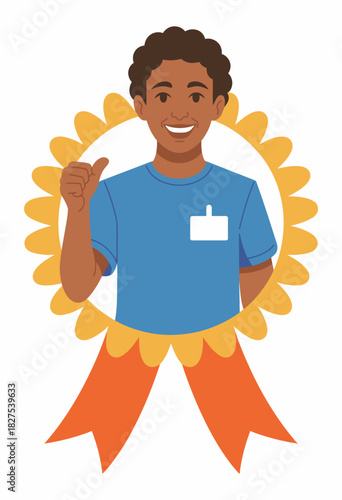 An enthusiastic individual wearing a badge gives a thumbs-up sign, conveying positivity and achievement in a lively and engaging cartoon-style design that encourages motivation.