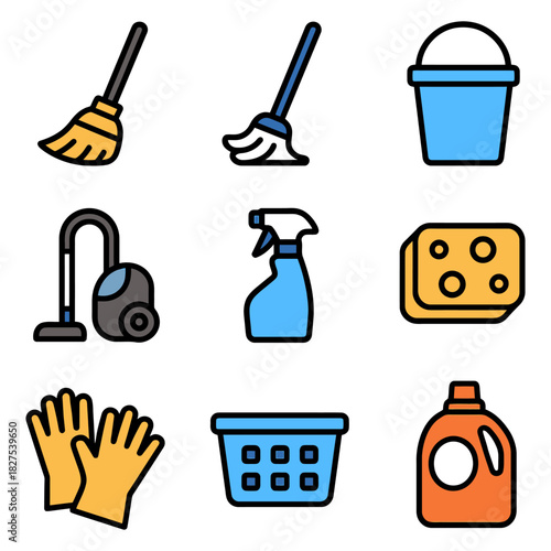 Colorful cleaning tools set: broom, mop, bucket, vacuum, spray, sponge, gloves, basket, detergent.