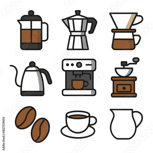 Coffee brewing equipment collection with french press espresso and drip methods.