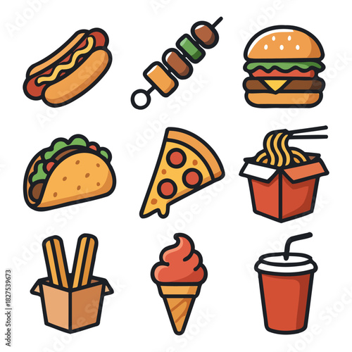 Colorful cartoon icons of fast food snacks and beverages.