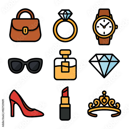 Luxury fashion accessories: handbag, jewelry, watch, sunglasses, perfume, and more.