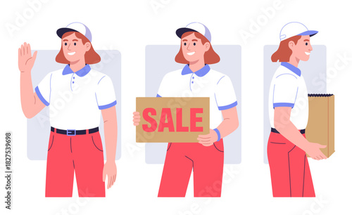This engaging illustration captures a cheerful salesperson smiling while promoting a sale, showcasing accessible service and the inviting nature of retail shopping experiences.
