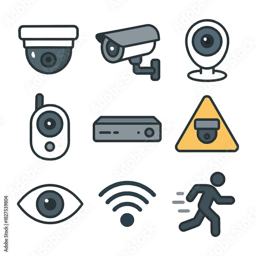 Surveillance and security icons featuring cameras and monitoring symbols.