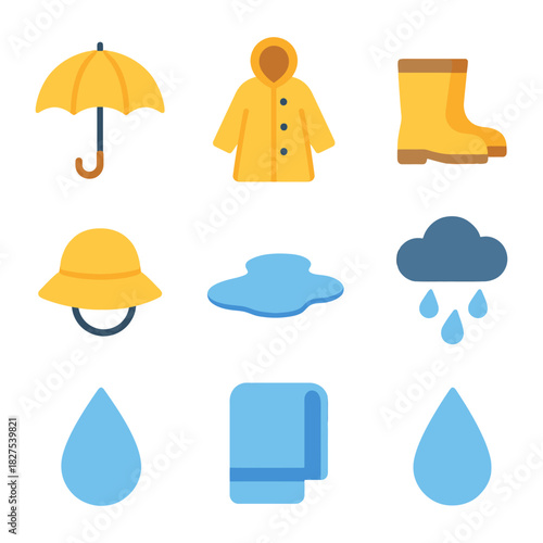 Weather essentials: rain jacket, umbrella, boots, cloud, raindrops, water puddle, hat, towel.