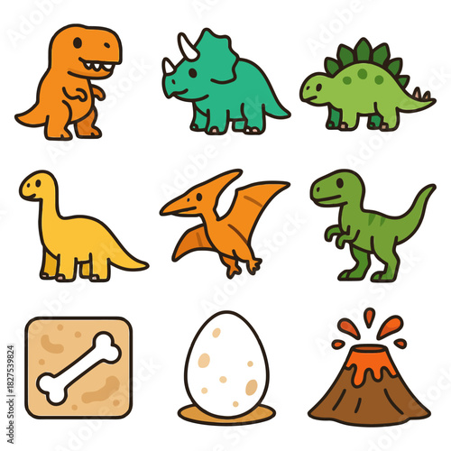 Cute cartoon dinosaurs collection with egg volcano and bone.