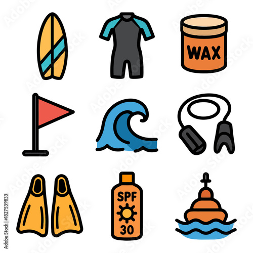 Surfing gear icons: surfboard, wetsuit, wax, flag, wave, rope, fins, spf, boat.
