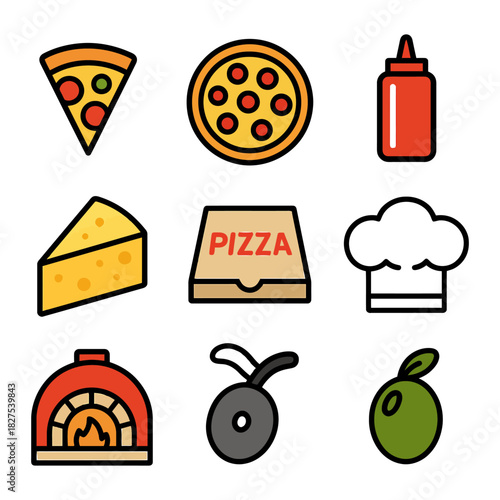 Assorted pizza icons including slice, whole pizza, cheese, sauce bottle, chef hat, oven, box, olives.