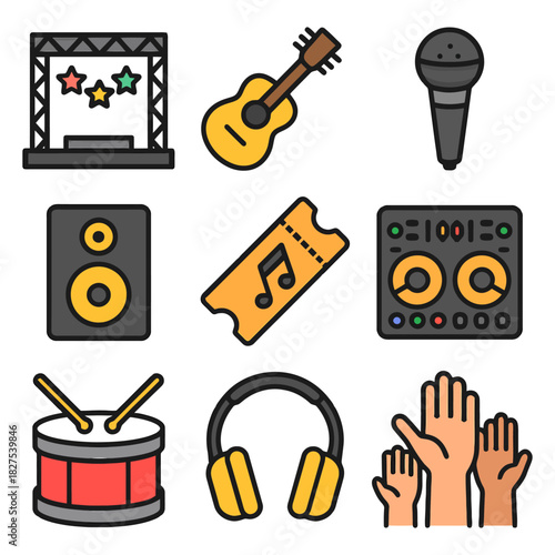 Music festival icons: stage, guitar, microphone, ticket, speaker, drum, headphones, dj, hands.