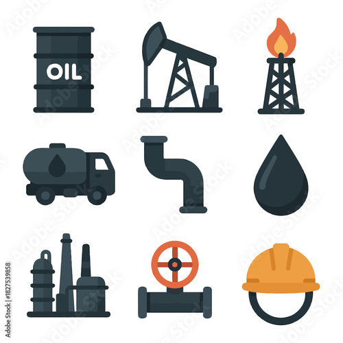 Oil industry icons set including barrel, pumpjack, refinery, and hard hat.