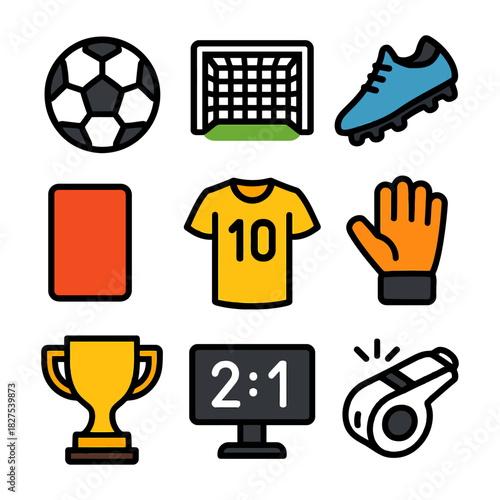 Soccer icons set: ball, goal, jersey, trophy, whistle, scoreboard.