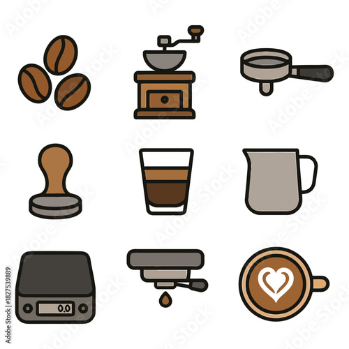 Coffee icons: grinder, tamper, espresso, latte art, coffee beans.