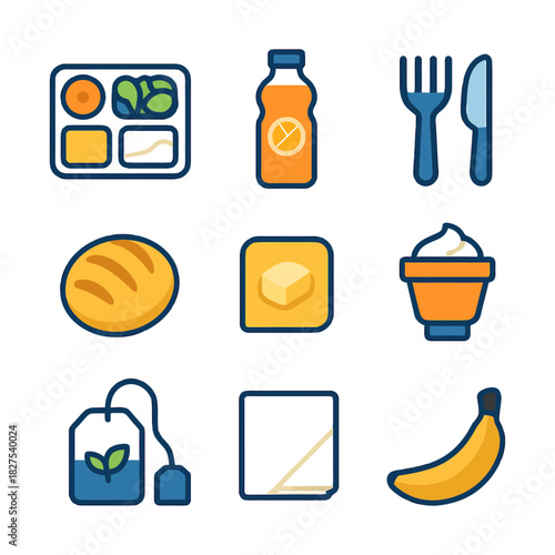 Colorful food and drink icons set including bread, butter, and juice.