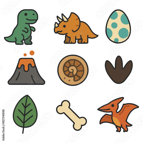 Colorful dinosaur icons with eggs, volcano, and fossils.