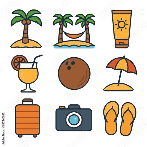 Beach vacation essentials: palm, hammock, sun cream, cocktail, coconut, umbrella, luggage, camera, flip-flops.