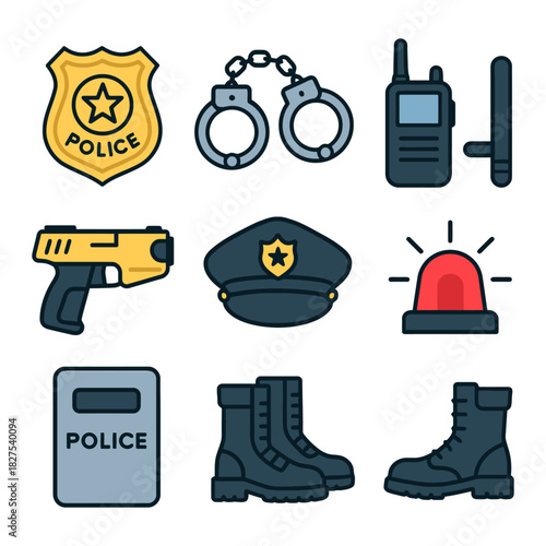 Collection of police equipment icons: badge, handcuffs, radio, taser, cap, siren, shield, boots.