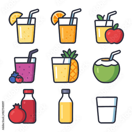 Assorted colorful juice drinks and bottles with fruits.