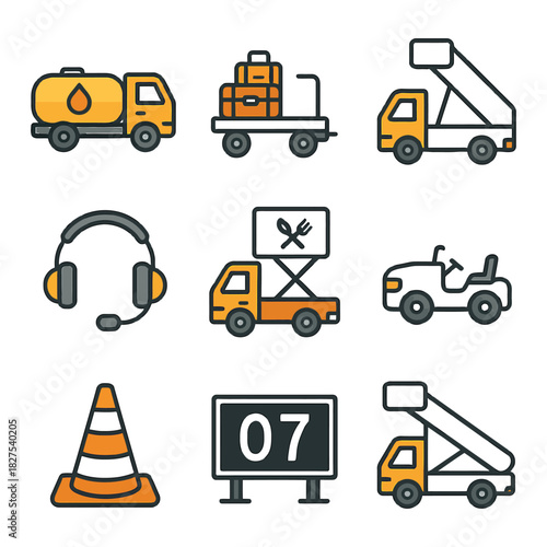 Airport equipment icons: fuel truck, luggage cart, headphones, jeep, cone, billboard.