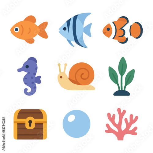 Colorful aquatic icons: fish, seahorse, snail, coral, and chest.