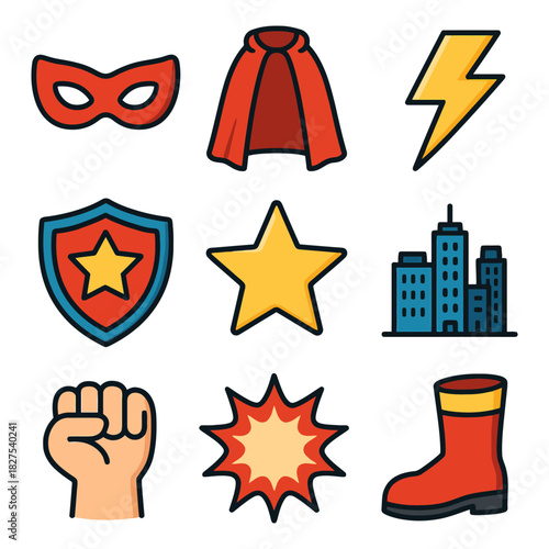 Superhero icon set with mask, cape, lightning, shield, and cityscape.