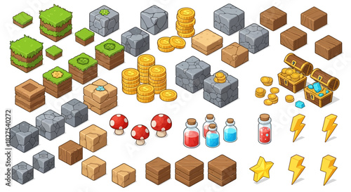 Isometric game assets with grass, stone, wood, coins, potions