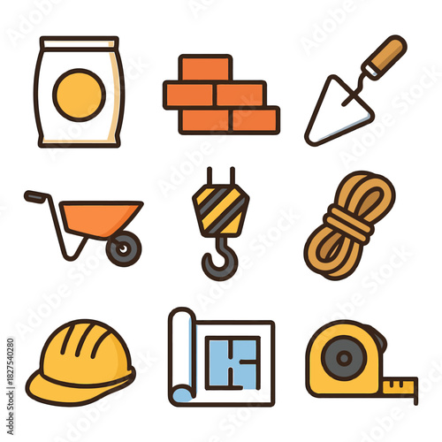 Construction tools and equipment icons: cement, bricks, trowel, and more.