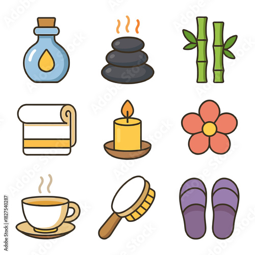 Spa relaxation set: oils, stones, bamboo, candle, flower, tea, brush, slippers.