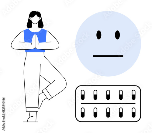Woman standing in tree pose, neutral face emoticon, and blister pack of tablets. Ideal for wellness, mindfulness, mental health, simplicity, self-care minimalism holistic living. Simple flat