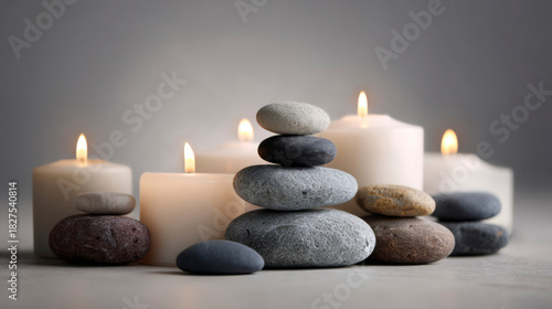 Neutral toned candles and stones arranged in balance, wellness concept, minimal lighting. Generative AI image