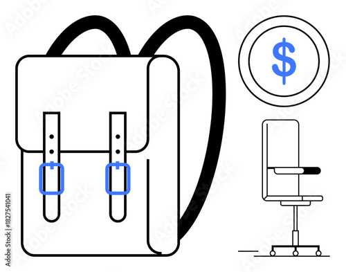 Backpack with straps, office chair with adjustable armrests, and dollar icon suggesting work, education, finances. Ideal for workplace, education, budgeting, career growth investment ecommerce