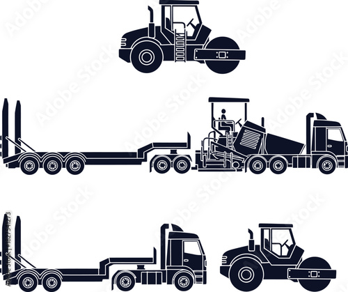 Collection of Silhouette Road Construction and Transport Vehicles Keywords: road construction, asphalt paver, steamroller, truck
