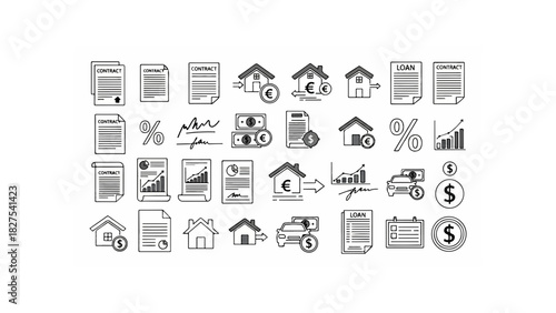 Illustration of contract documents, houses, money, and graphs representing financial transactions and loans