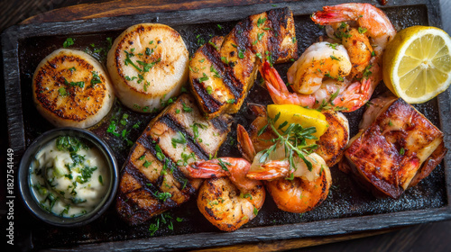 Mixed seafood grill platter - scallops, shrimp, fish. Generative AI image