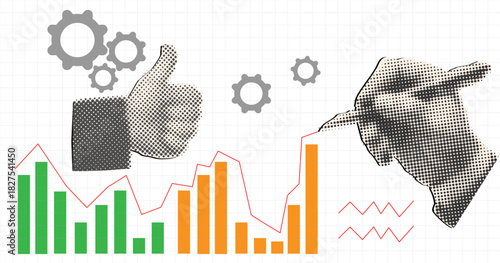 Halftone businessman hand draws sales graph,achieving high results, data analytics ,business success concept,modern collage design