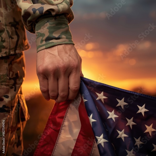 Soldier in Camouflage Uniform Holding American Flag at Sunset Commemorating Veterans.