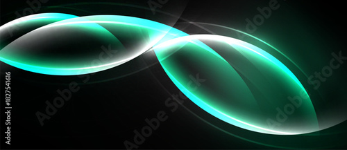 Abstract design features flowing turquoise shapes against dark background. Smooth curves create dynamic visual effect. Minimalist, modern aesthetic.