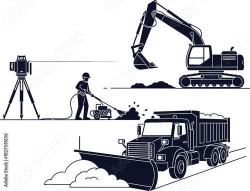 Construction and Road Maintenance Equipment Excavator Snow Plow and Surveyor Keywords: construction, excavator, snow plow, surveyor