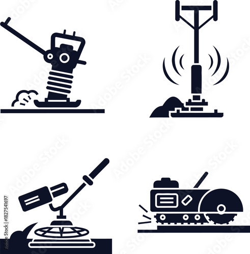Construction Compactor Roller Excavator and Concrete Polisher Icons Keywords: construction, equipment, industrial, machinery, tool