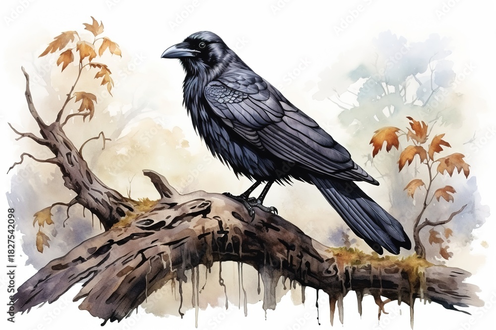 Naklejka premium watercolor black crow perched on branch in forest. Scene peaceful and serene, as bird is alone and undisturbed