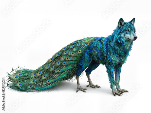 Wallpaper Mural Hybrid Animal: Wolf-Peacock Composite Standing on White Background Torontodigital.ca